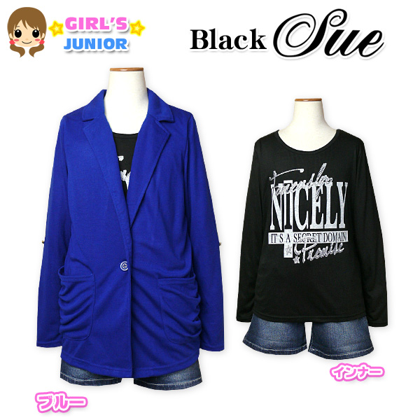 ●特 長・Black Sue・アンサンブル/2点セット[アウター]・長袖ジャケット・一つボタン・袖ロールアップ可能・ビジューボタン・たれポケット2P[インナー]・長袖Tシャツ/ロンT・ラメプリント・背