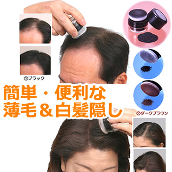 気になる白髪、薄毛に手軽に使える簡単、便利な"薄毛＆白髪隠し"カジュアルで自然な髪を演出スポンジからミクロの粉が噴出する新型容器。携帯に便利な小型タイプヘアスプレーやミストも不要。