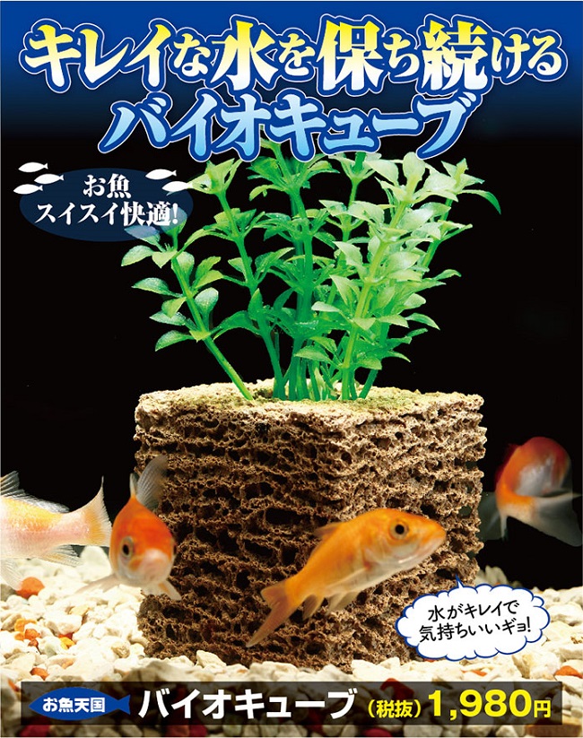水槽に。キレイな水を保ち続けるバイオキューブ。納豆菌が水質を浄化?キューブを入れておくだけ水槽の水が濁りにくく、お魚に取っていい環境を作り出してくれます。化学物質を一切使っていないので、お魚にも安心水