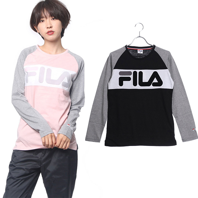 フィラ ◇FILAビッグロゴ長袖Tシャツ ◇吸汗速乾、UVカット ■カラー： ペールピンク×ペールグレー ブラック×ペールグレー ■素材：ポリエステル 65％ 綿 35％ ■サイズ： S：胸囲/78〜