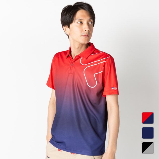 ◇グラデーションのDRYメッシュポロシャツ(吸汗速乾、UVカット) ■カラー： ネイビー×ロイヤルブルー ブラック×グレー レッド×ネイビー ■素材：ポリエステル 100％ ■サイズ： S：身長/16