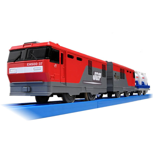 プラレール車両編成シリーズ！S-25 EH500金太郎(三次車)デザインのリニューアル車両です。 車両は3両編成で連結切り離しが出来ます。先頭車が動力車で2スピード。スイッチをオフにすると手で転がして